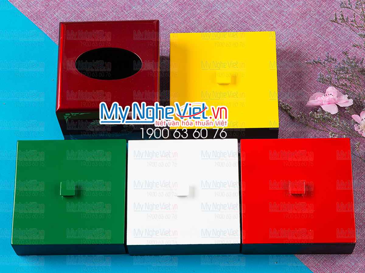Bộ Hộp Mứt Tết Sơn Mài Cao Cấp + hộp khăn giấy vuông khắc hoa hồng đỏ đô MNV-QT008