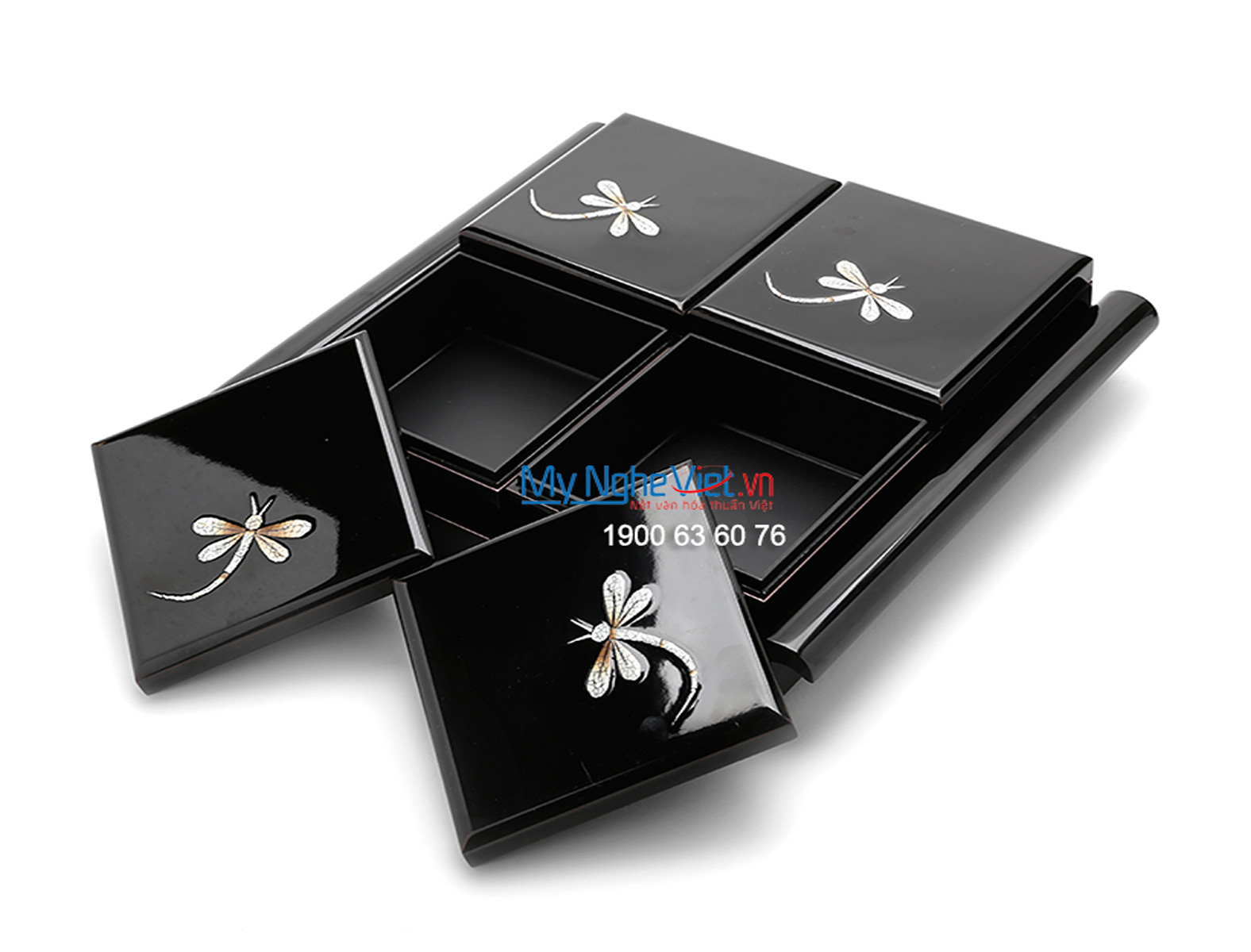 Lacquer tray with 4 jam containers with dragonfly pattern - Gift for Tet holiday MNV-QT01