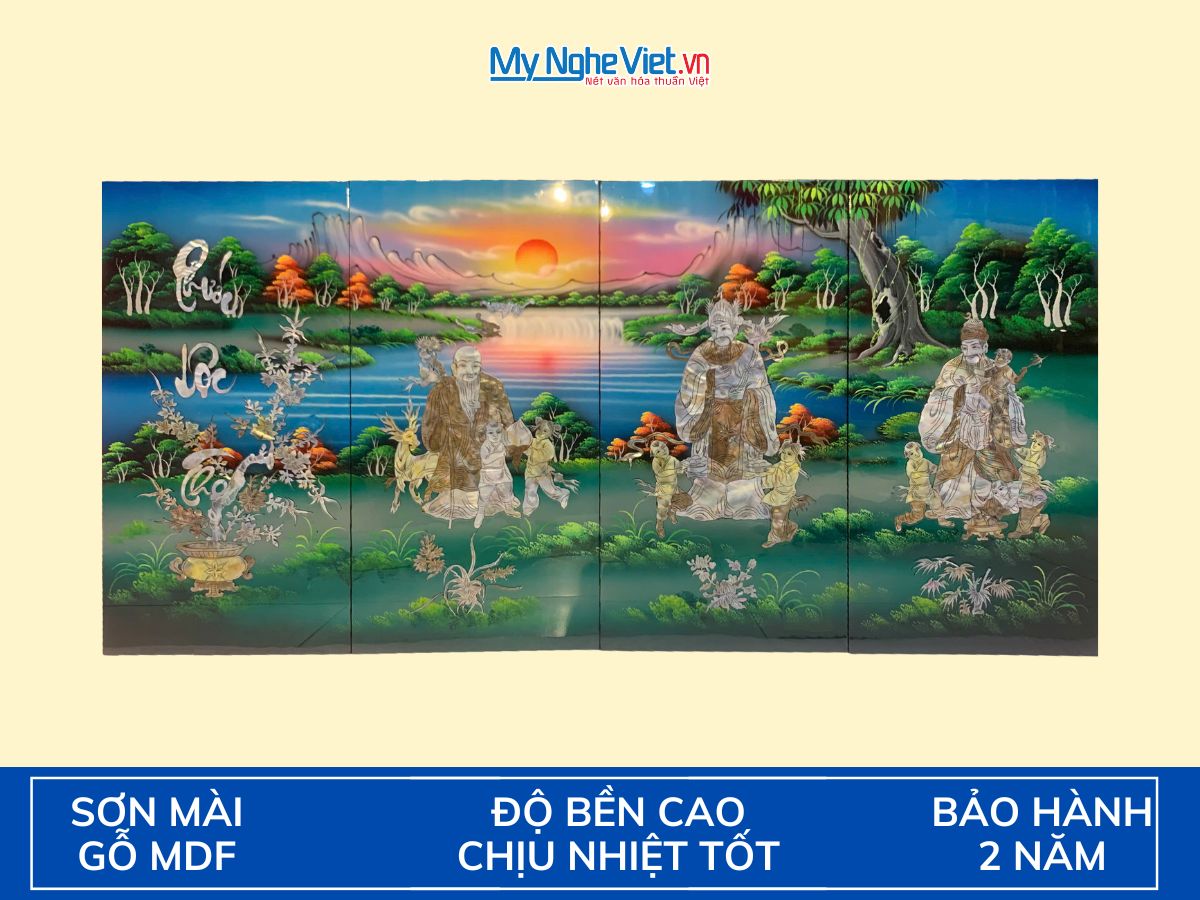 Tranh Sơn Mài Phúc Lộc Thọ cẩn nổi xanh TSM36/1