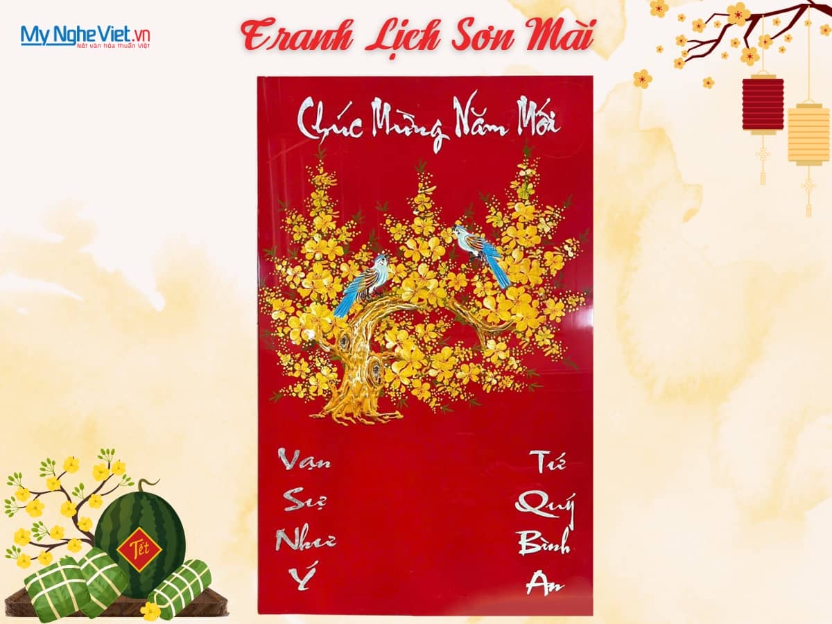 Tranh Lịch Sơn Mài Mai Vàng đắp nổi - Quà tết cao cấp MNV-LSM50-3