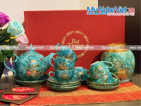 Bộ bình trà chóp lửa men vân đá lục Thuận Buồm Xuôi gió + hũ trà 200g BBT-VBT12/3