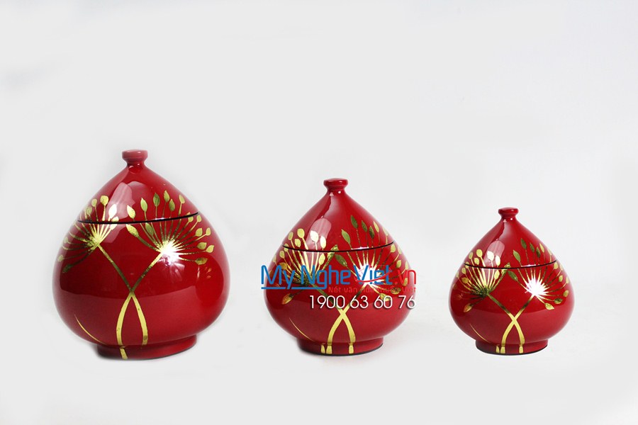 Bộ ba - bộ 3 hũ mận đỏ vẽ bông pháo vàng kim MNV-QT12-3 quà tết