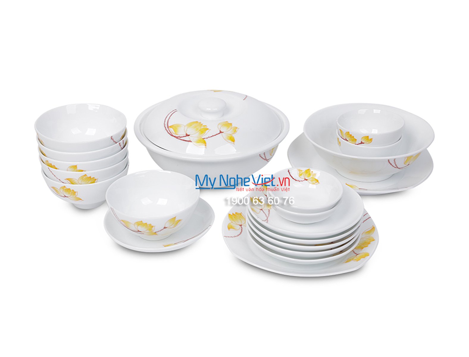 Bộ chén dĩa bàn ăn men trắng vẽ sen vàng dành cho 6 người MNV-BBA01-9