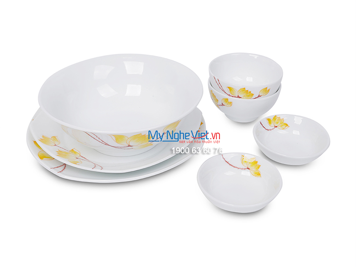 Bộ chén dĩa bàn ăn men trắng vẽ sen vàng dành cho 6 người MNV-BBA01-9