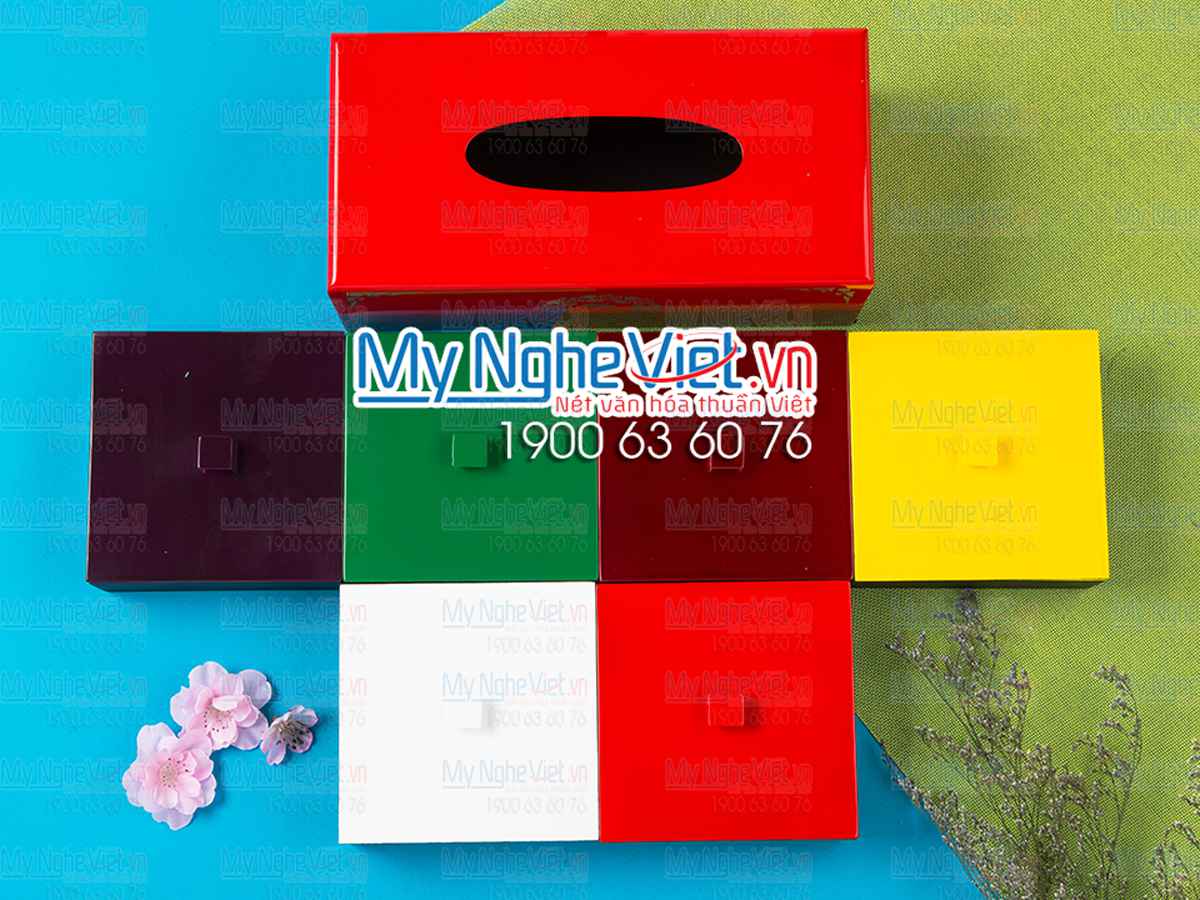 Bộ hộp mứt + hộp khăn giấy chữ nhật khắc hoa hồng đỏ tươi MNV-QT011