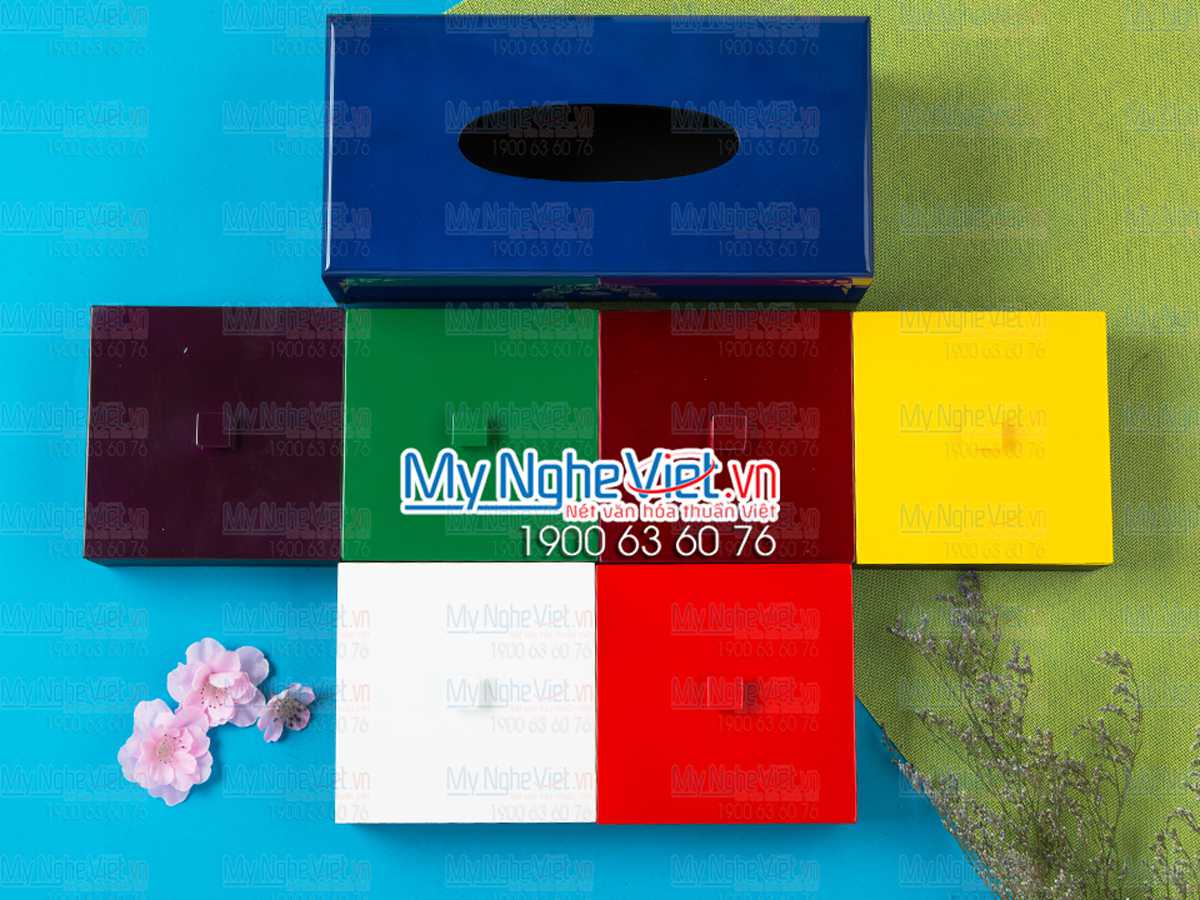 Bộ Hộp Mứt Tết Sơn Mài Cao Cấp + hộp khăn giấy chữ nhật khắc hoa hồng xanh MNV-QT006