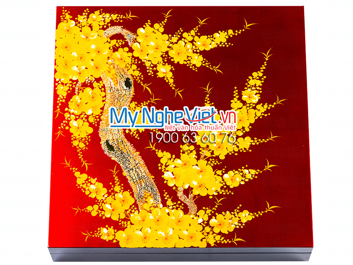 KHAY - Hộp Mứt Tết Sơn Mài Cao Cấp mai vàng nền đỏ đô MNV-HM02-3
