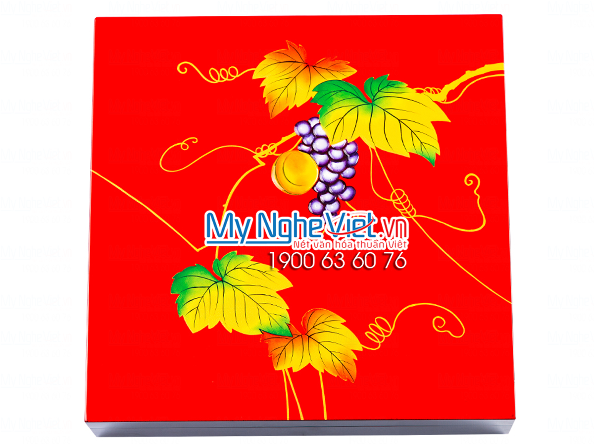 KHAY - Hộp Mứt Tết Sơn Mài Cao Cấp hoa quả nền đỏ MNV-HM04