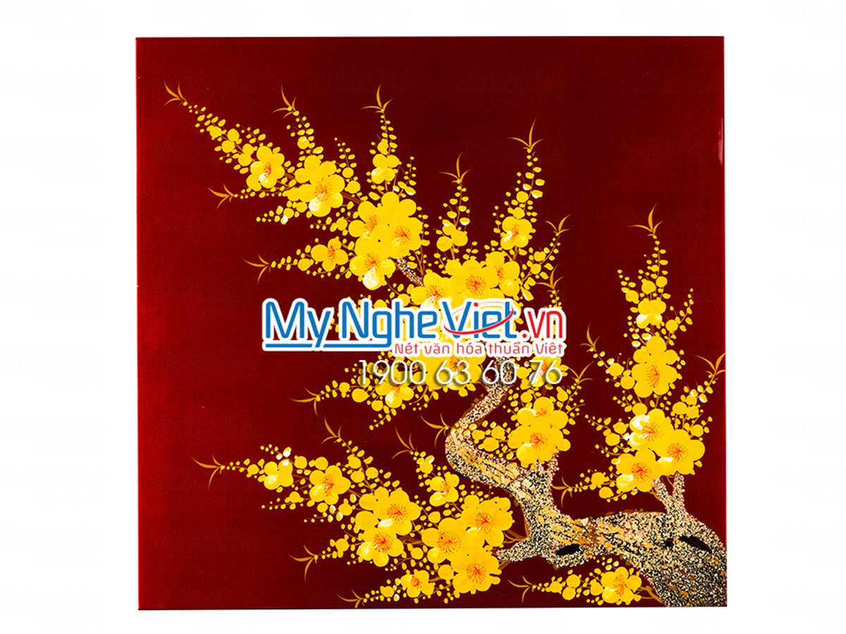 KHAY - Hộp Mứt Tết Sơn Mài Cao Cấp mai vàng nền đỏ đô MNV-HM02-3