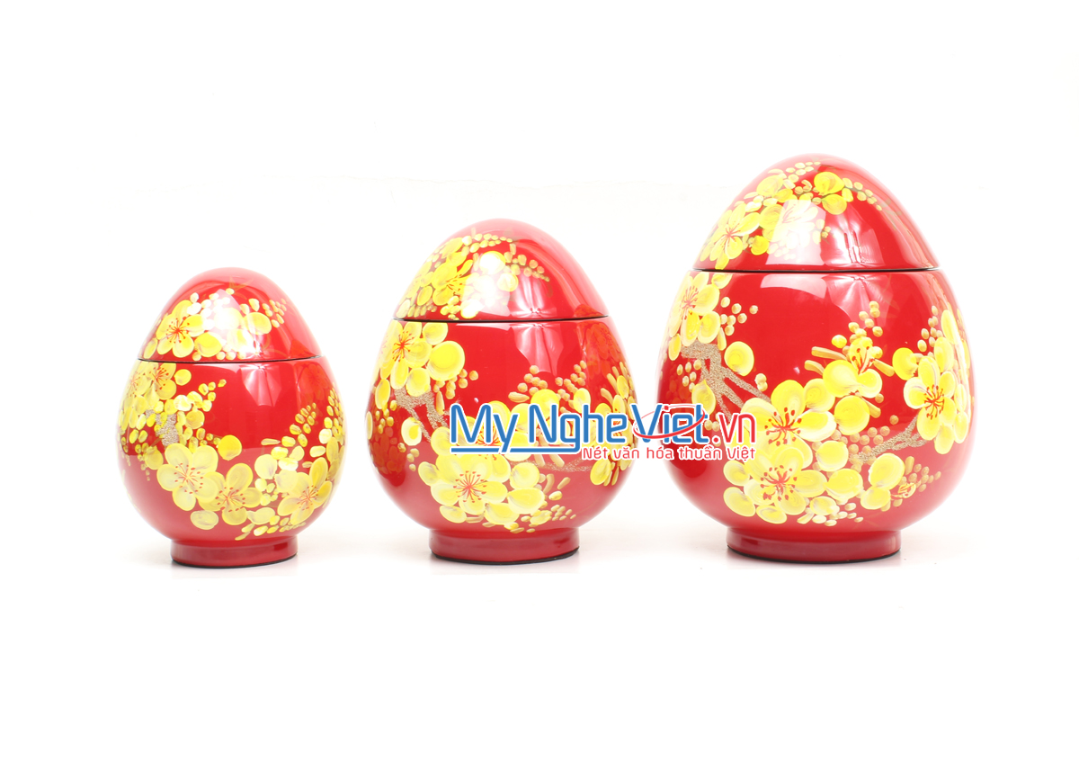 Bộ ba hũ hình trứng đỏ vẽ hoa mai vàng