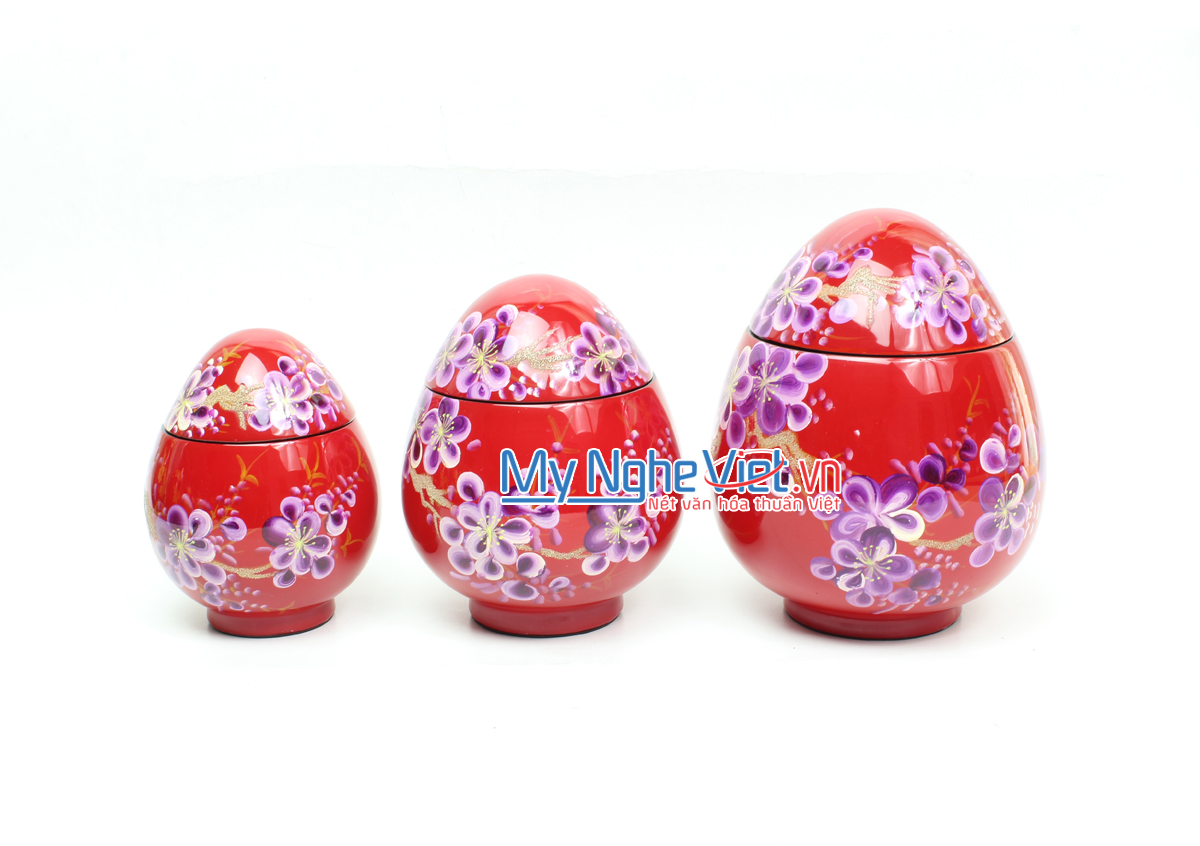 Bộ ba hũ hình trứng đỏ vẽ hoa mai hồng